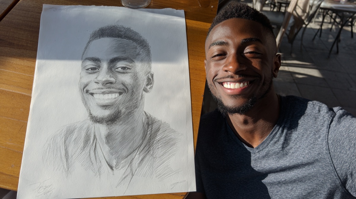 A soulmate sketch beside a real photo